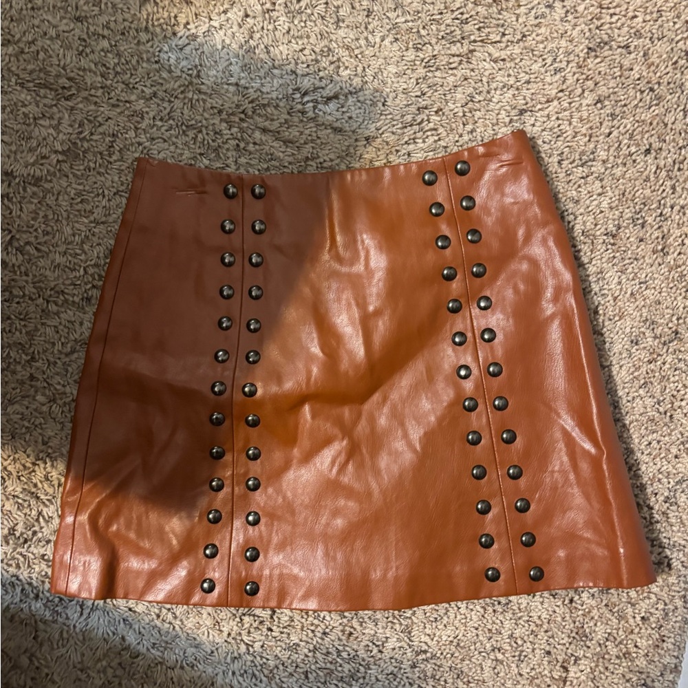 Line & Dot Studded Vegan Leather Brown Mini Skirt